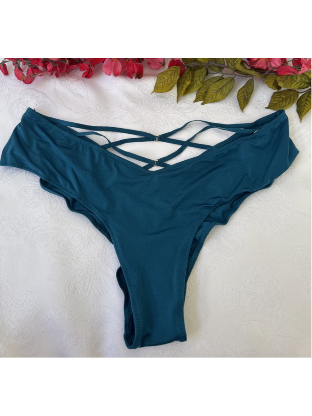 VICTORIA'S SECRET L TEAL BLUE SILKY VERY SEXY HI LEG CHEEKY CUT OUT PANTIES NWT
